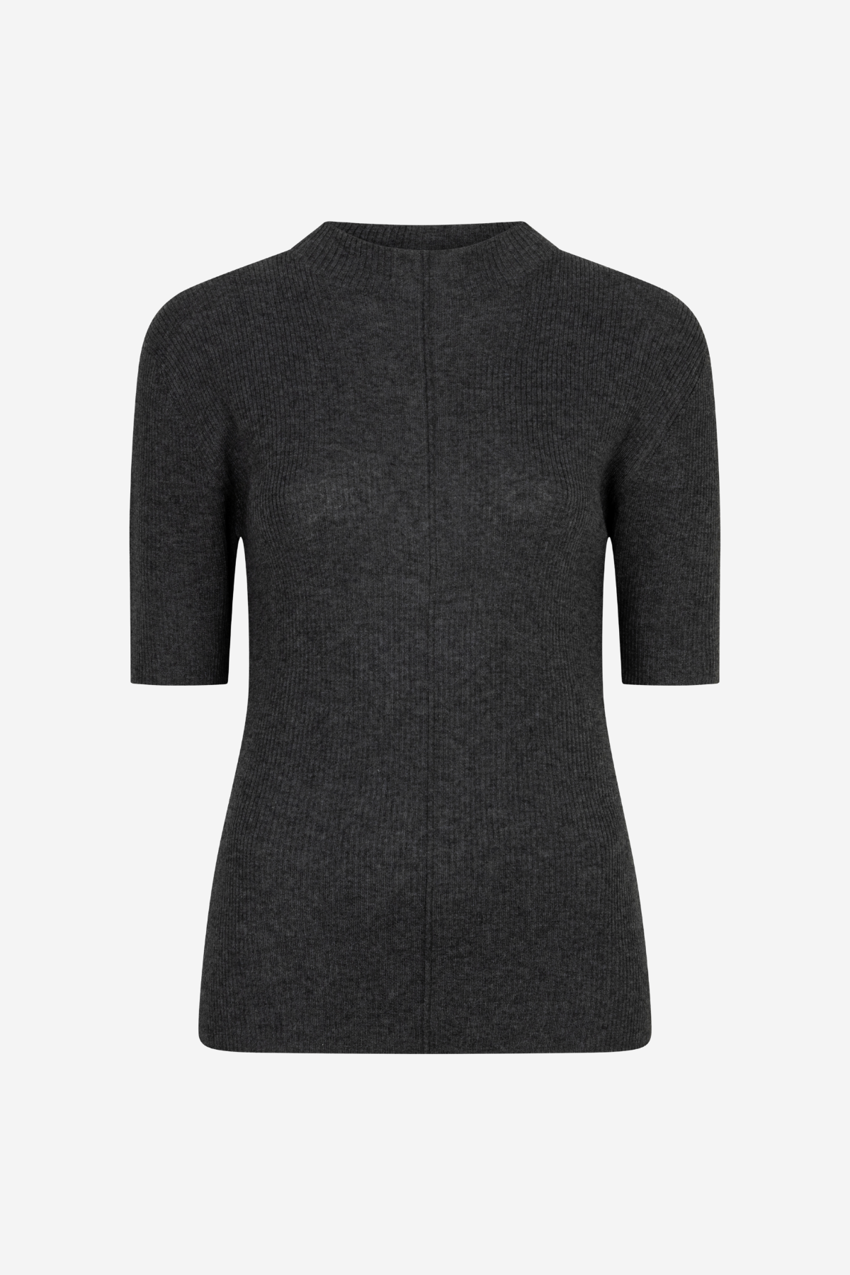A dark charcoal gray ribbed knit sweater with three-quarter sleeves and a crew neck, shown from the back on a light gray background.