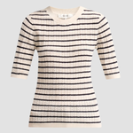 A textured knit sweater with horizontal black stripes on a cream base, featuring three-quarter sleeves and a crew neck, shown against a solid light gray background.