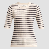 A textured knit sweater with horizontal black stripes on a cream base, featuring three-quarter sleeves and a crew neck, shown against a solid light gray background.