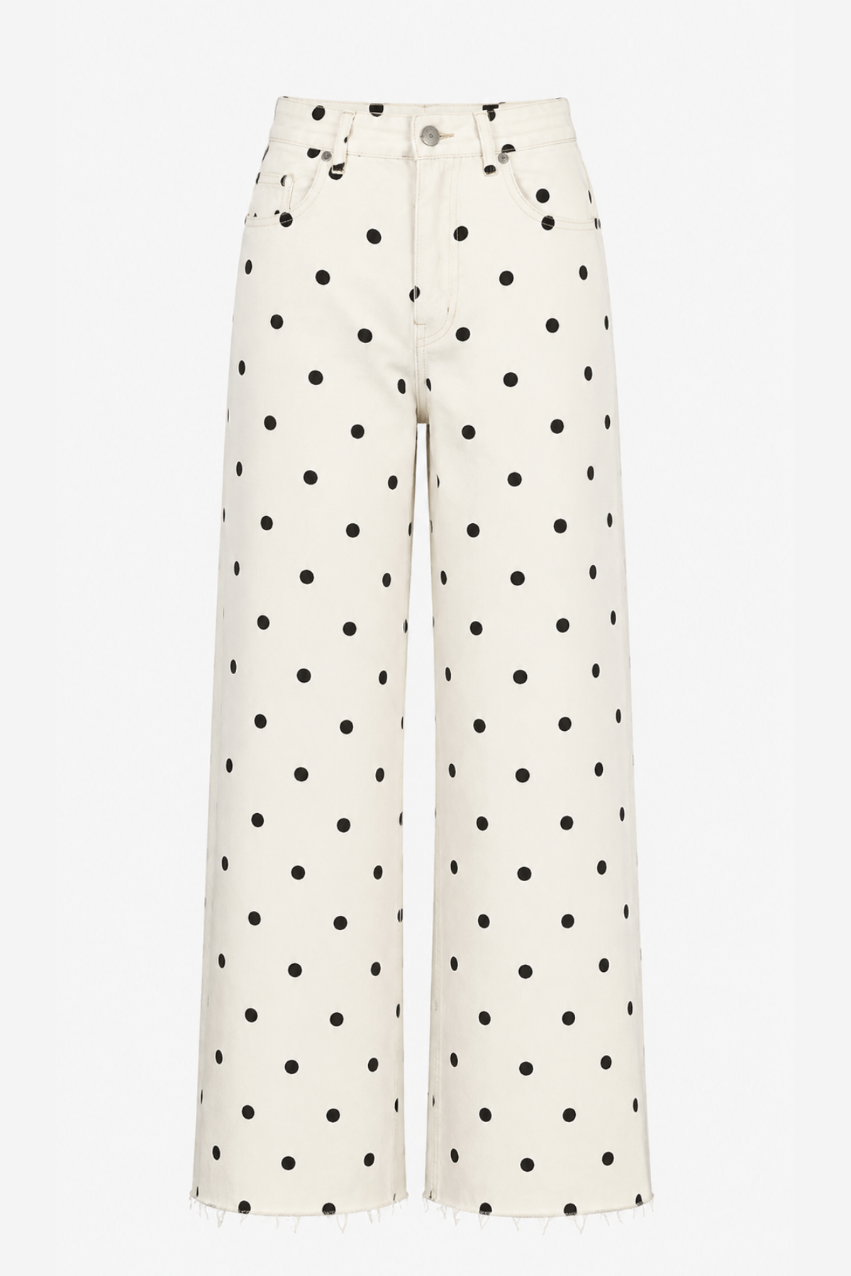 Off-white wide-leg jeans with a black polka dot pattern, shown against a plain white background.