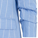 Close-up of a light blue pinstripe shirt with long sleeves on a white background