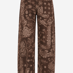 A pair of wide-leg brown jeans with a detailed paisley and floral pattern in a lighter tan or beige tone, shown against a plain white background.