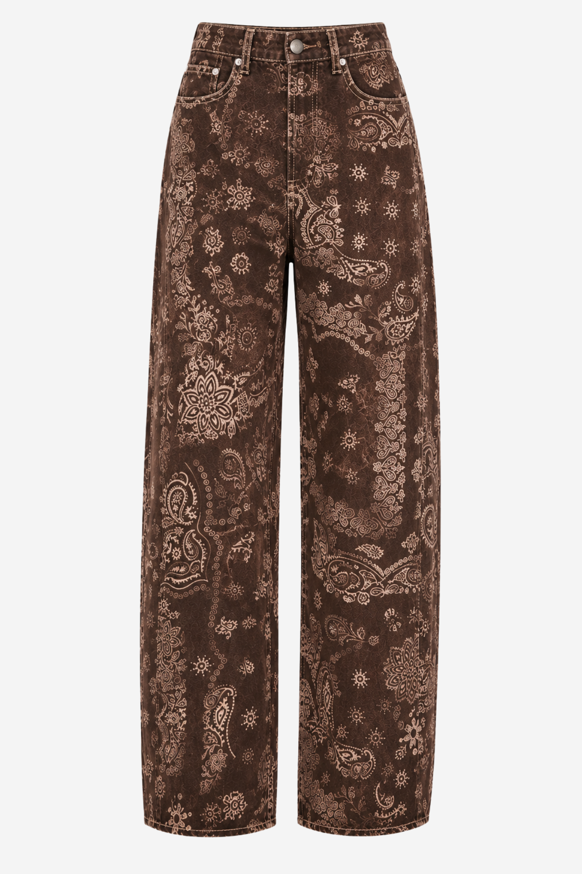 A pair of wide-leg brown jeans with a detailed paisley and floral pattern in a lighter tan or beige tone, shown against a plain white background.