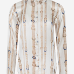 A long-sleeve button-up shirt with a vertical pattern of beige leather-like straps and buckles on a white background, shown on a light gray studio background.