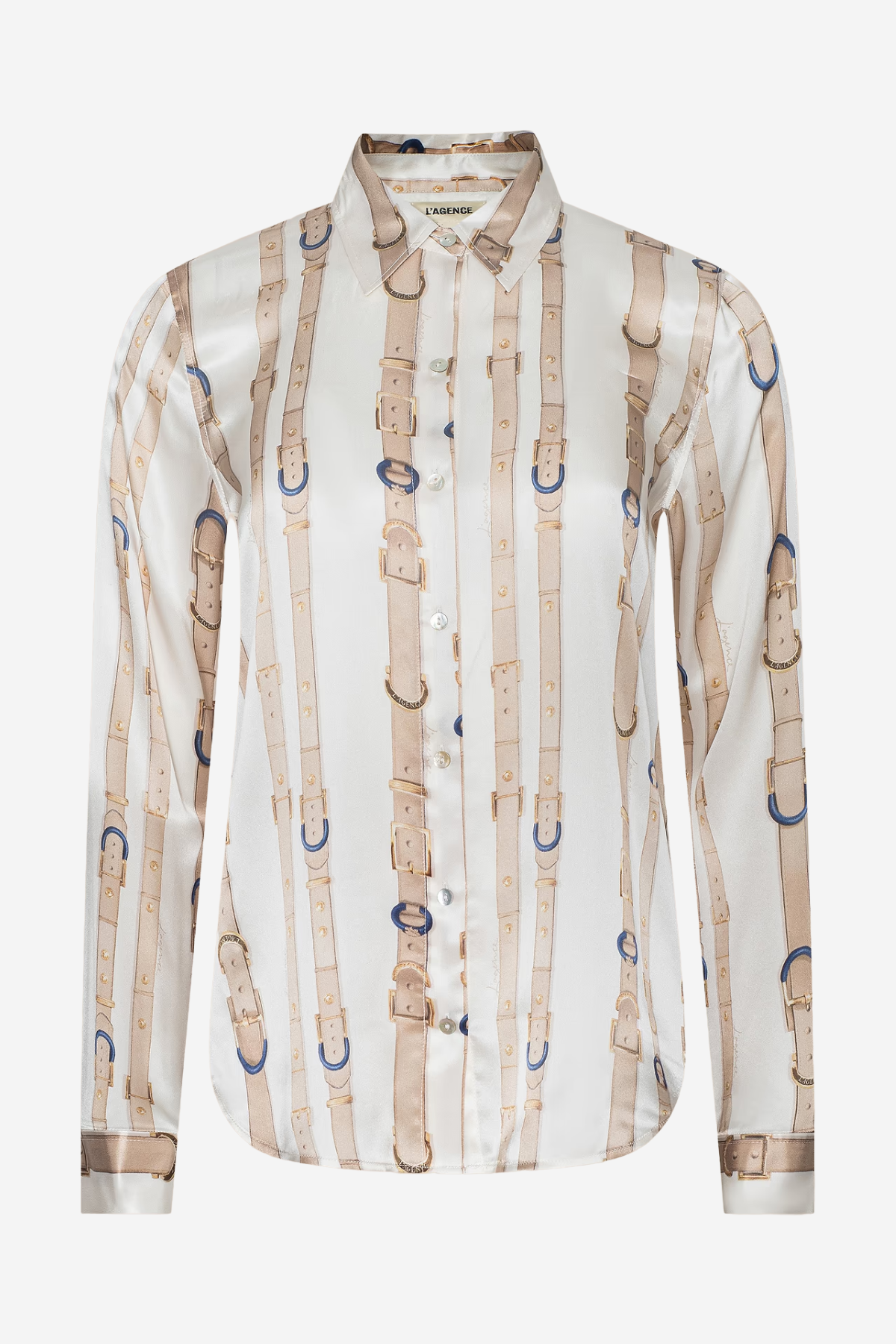 A long-sleeve button-up shirt with a vertical pattern of beige leather-like straps and buckles on a white background, shown on a light gray studio background.