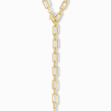 Gold chain necklace with a pendant on a white background
