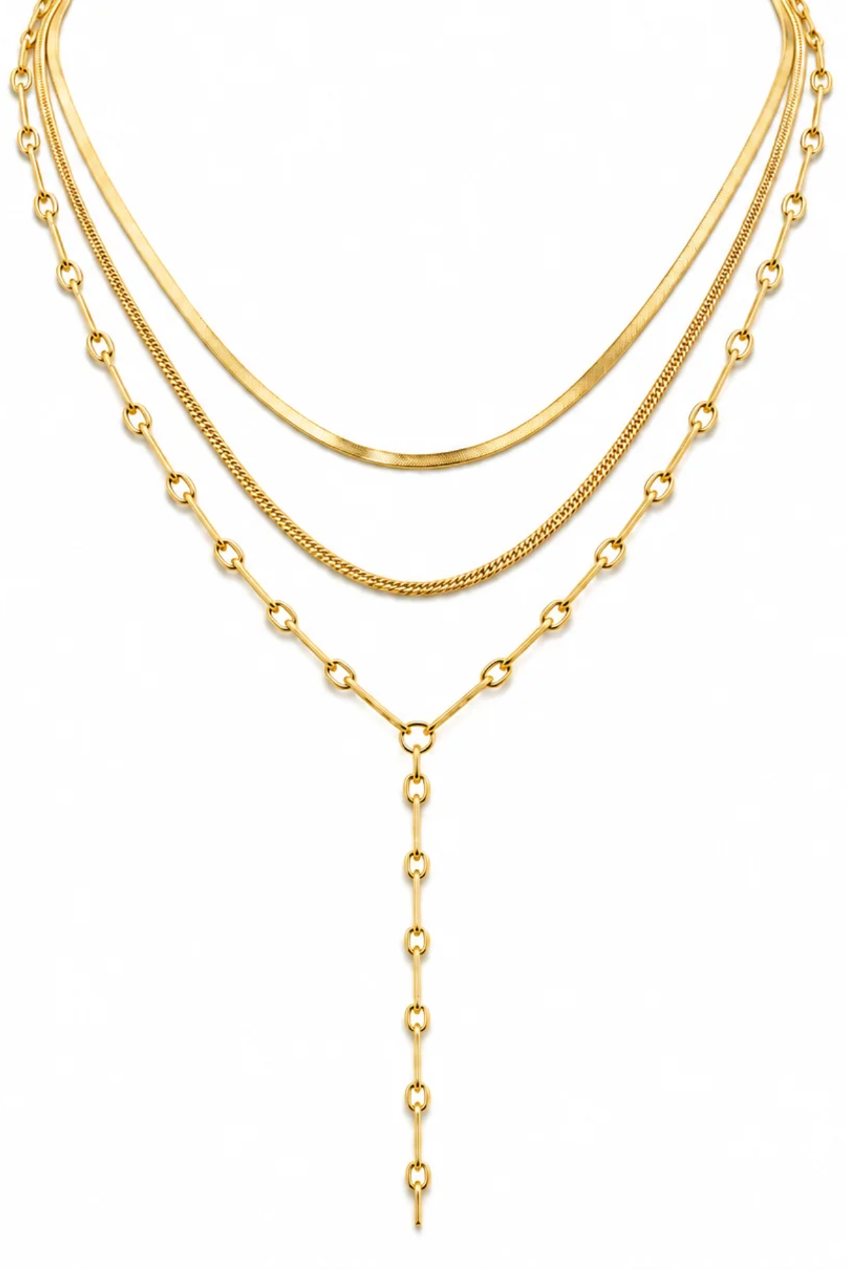 A gold multi-layer necklace featuring three distinct chain styles: a flat curb chain, a textured rope chain, and a beaded chain with a Y-shaped drop, displayed on a clean white background.