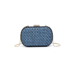 Blue woven handbag on a white background