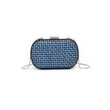 Blue woven handbag on a white background