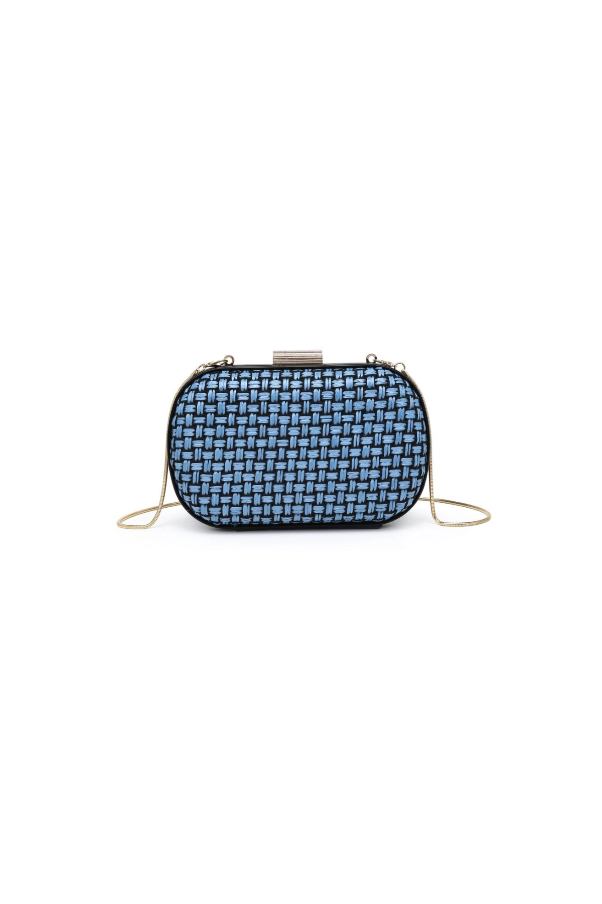 Blue woven handbag on a white background