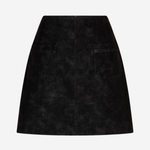 A black textured mini skirt with a front zipper and two side pockets, shown against a plain light gray background.