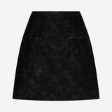 A black textured mini skirt with a front zipper and two side pockets, shown against a plain light gray background.