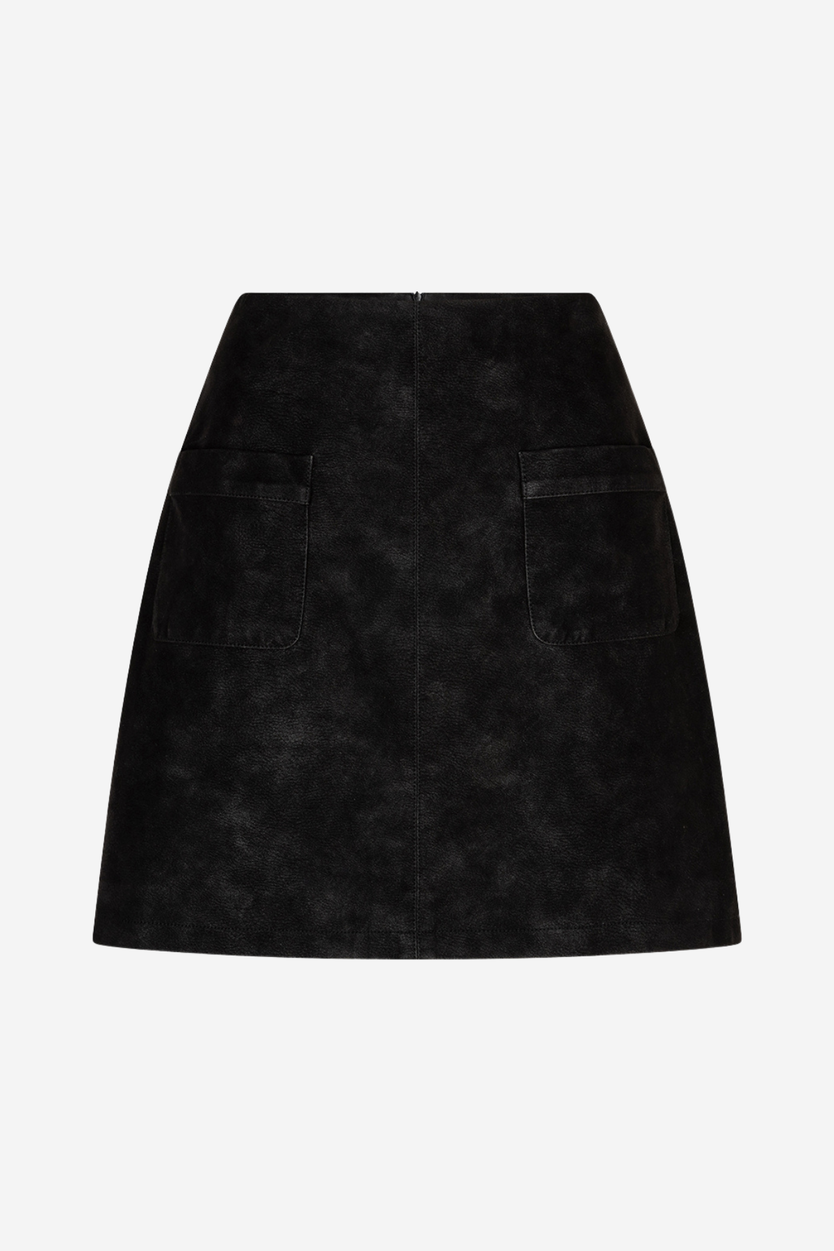A black textured mini skirt with a front zipper and two side pockets, shown against a plain light gray background.