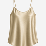 A gold satin camisole top with thin spaghetti straps, displayed against a clean white background.