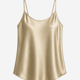 A gold satin camisole top with thin spaghetti straps, displayed against a clean white background.