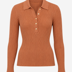 A ribbed knit long-sleeve polo shirt in a warm rust orange color, featuring a collar and three decorative buttons on the placket, shown against a plain light gray background.