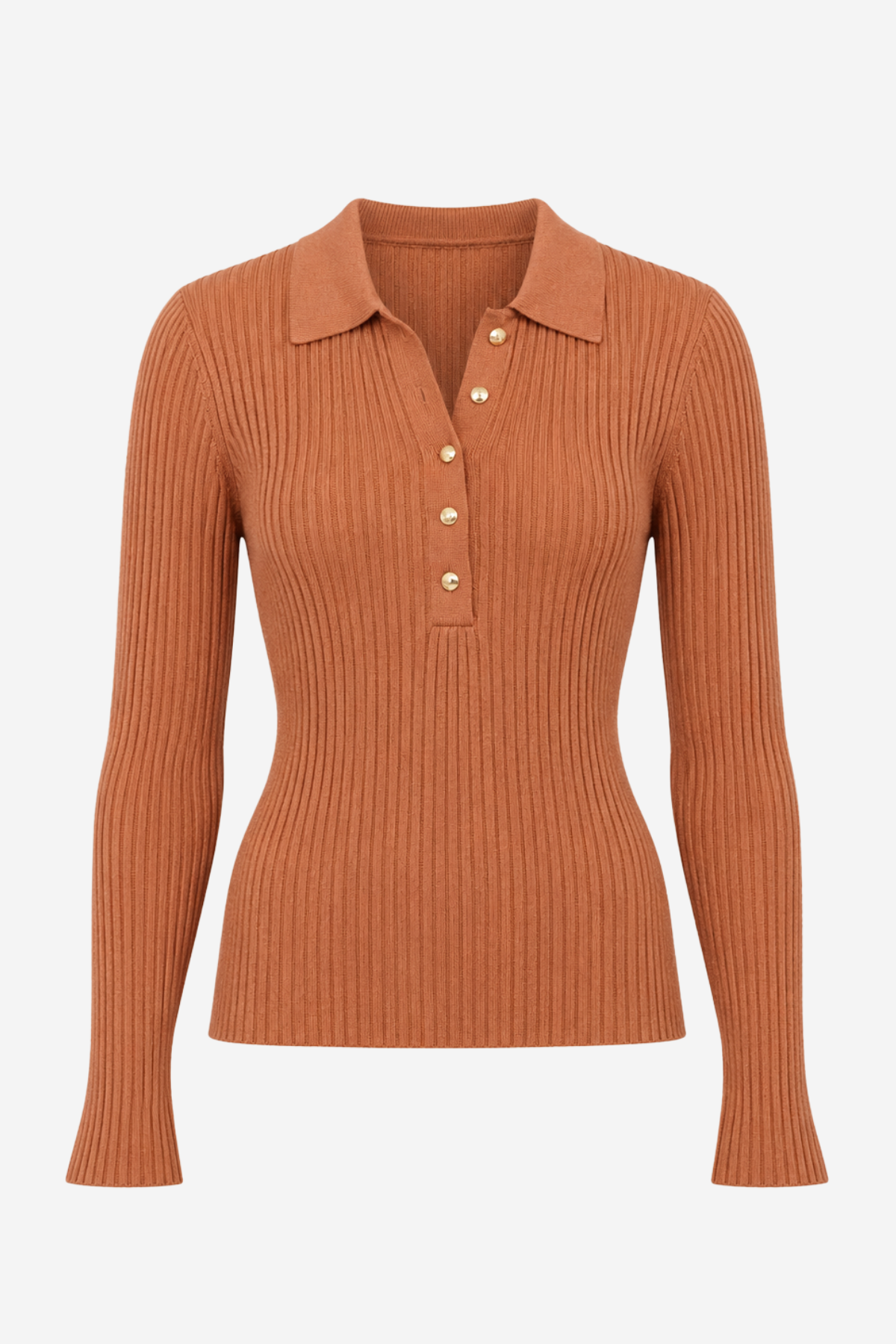 A ribbed knit long-sleeve polo shirt in a warm rust orange color, featuring a collar and three decorative buttons on the placket, shown against a plain light gray background.