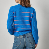 Person wearing a blue sweater with pink stripes and jeans on a gray background