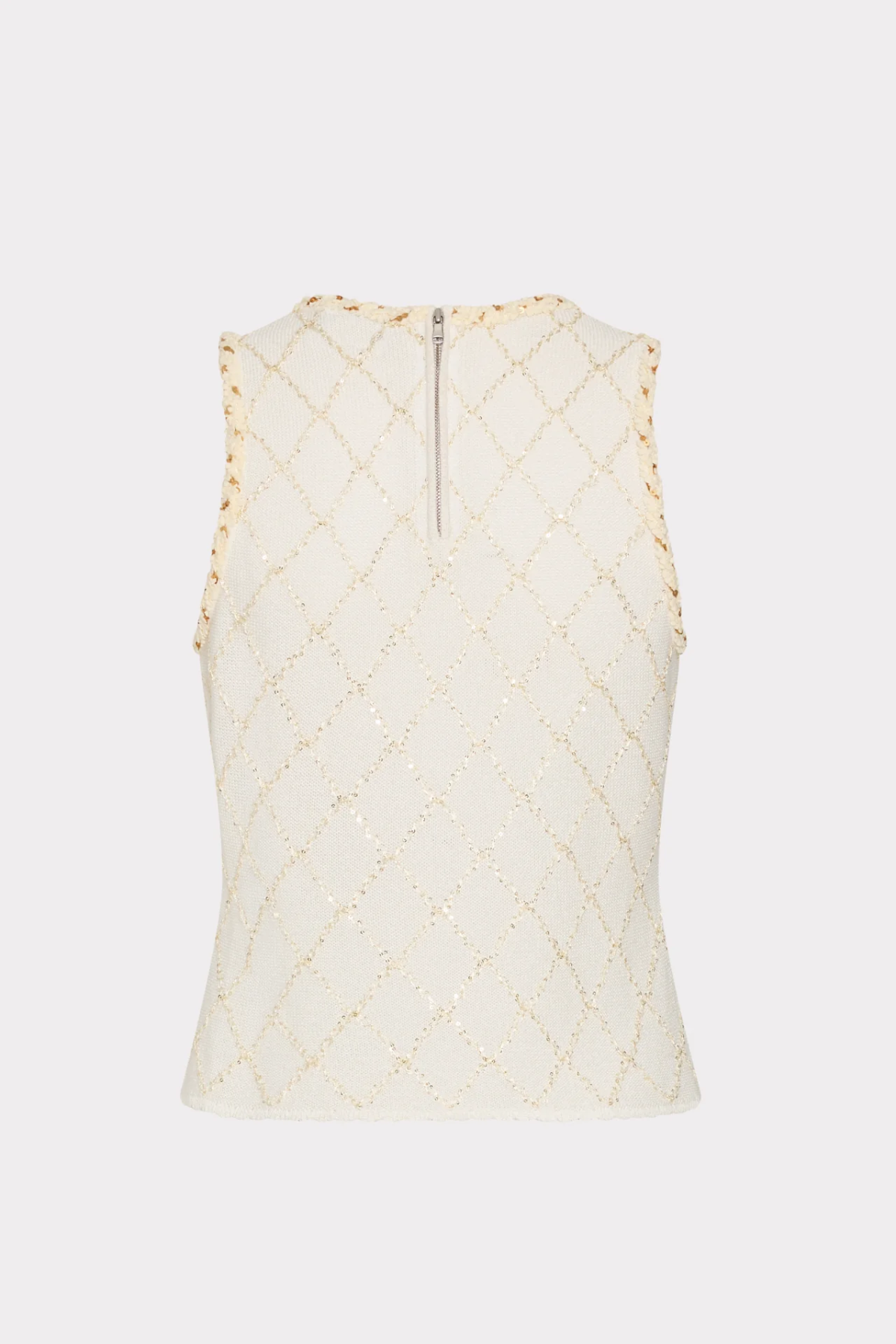 An off-white sleeveless knit top with a subtle gold diamond lattice pattern and a small silver zipper at the neckline, shown against a light gray background.
