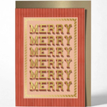 A festive greeting card with 'MERRY MERRY MERRY MERRY MERRY MERRY' printed in raised gold letters on a pale pink center panel, set against a red-and-gold striped border. A matching gold envelope is partially visible behind the card on a clean white background.