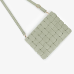 A woven leather crossbody bag in a muted sage green color, featuring a rectangular body and a matching shoulder strap, shown on a clean white background.