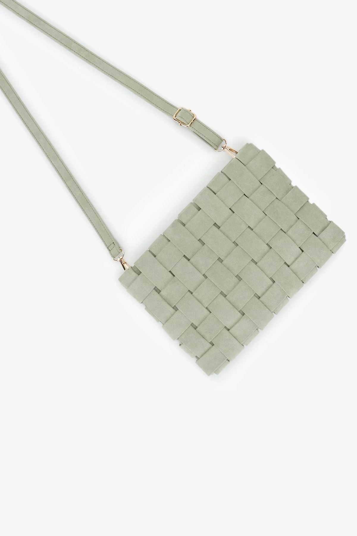 A woven leather crossbody bag in a muted sage green color, featuring a rectangular body and a matching shoulder strap, shown on a clean white background.