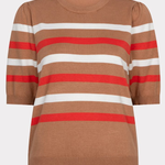 Striped sweater with brown, red, and white colors on a white background