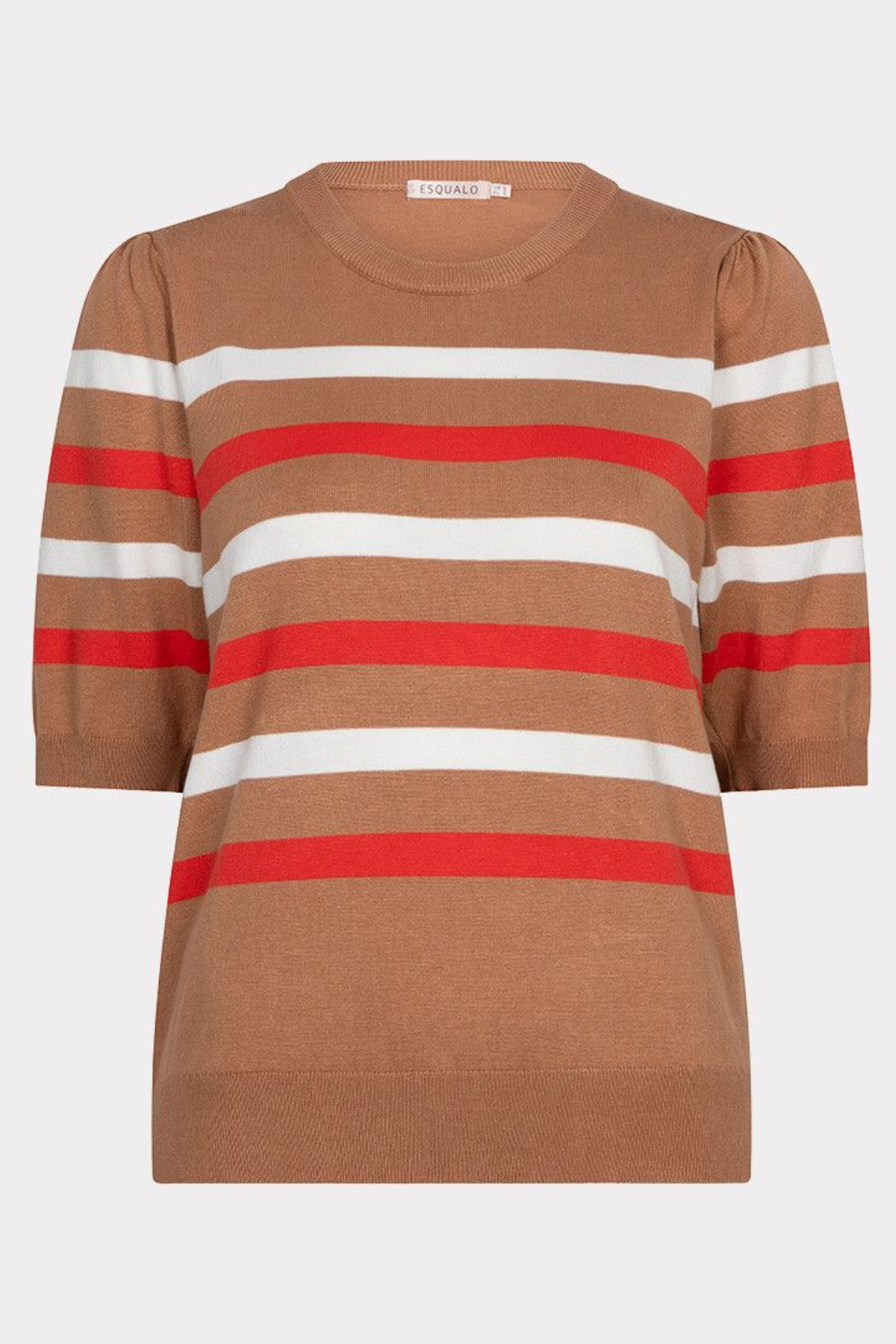 Striped sweater with brown, red, and white colors on a white background