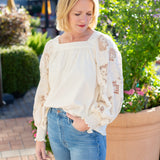 Solid Square Neck Top  with Crochet Lace Sleeve