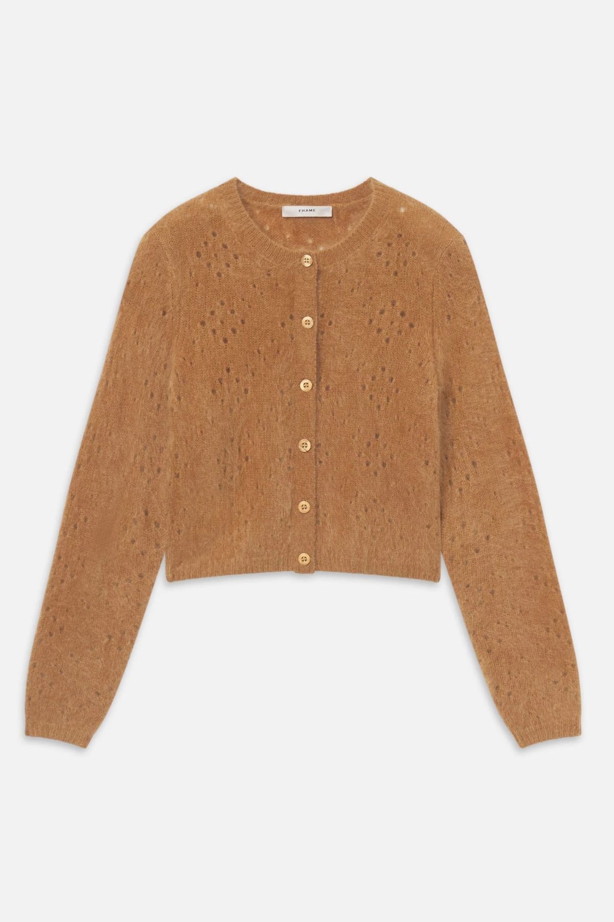 A cropped, long-sleeve knit cardigan in a warm camel brown color, featuring a textured open-knit pattern and a button-up front with matching buttons, shown against a plain light gray background.