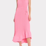 Pink halter neck dress on a white background