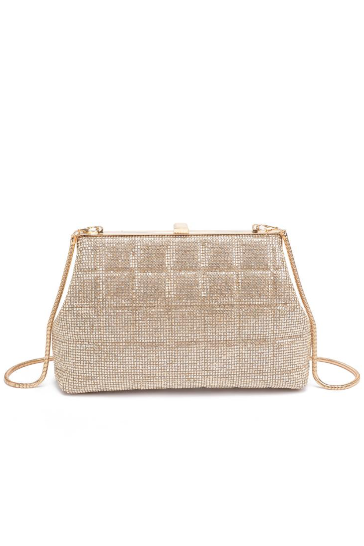 Gold mesh handbag on a white background
