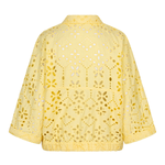 back of yellow lace cutout jacket on white background 