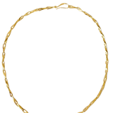 A gold chain necklace with a twisted, rope-like link design, displayed against a solid white background.