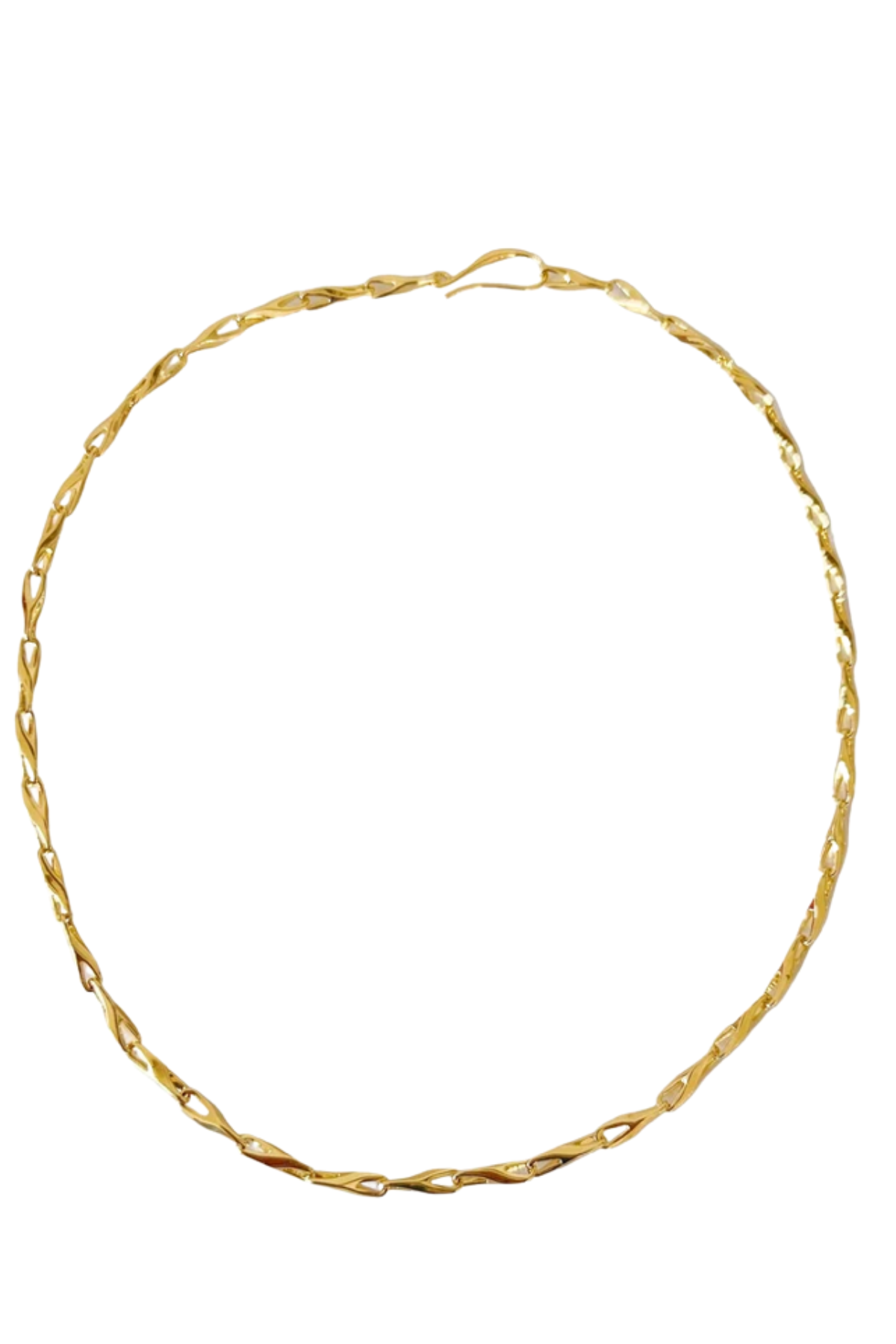 A gold chain necklace with a twisted, rope-like link design, displayed against a solid white background.