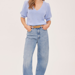 A woman modeling a light blue ribbed knit short-sleeve V-neck top paired with light-wash wide-leg jeans and a tan belt, standing against a plain light beige studio background.
