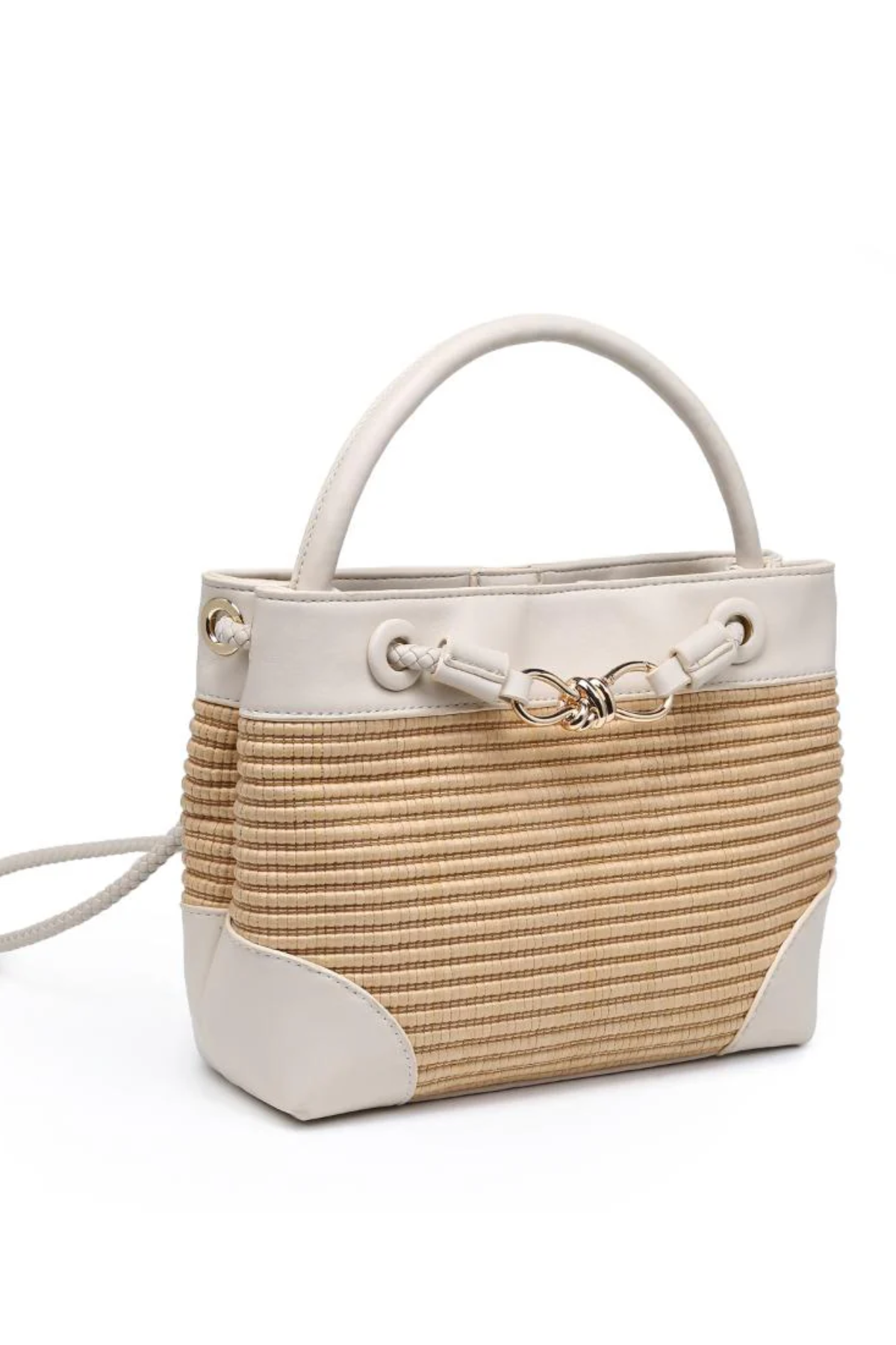 Woven handbag with white accents on a white background
