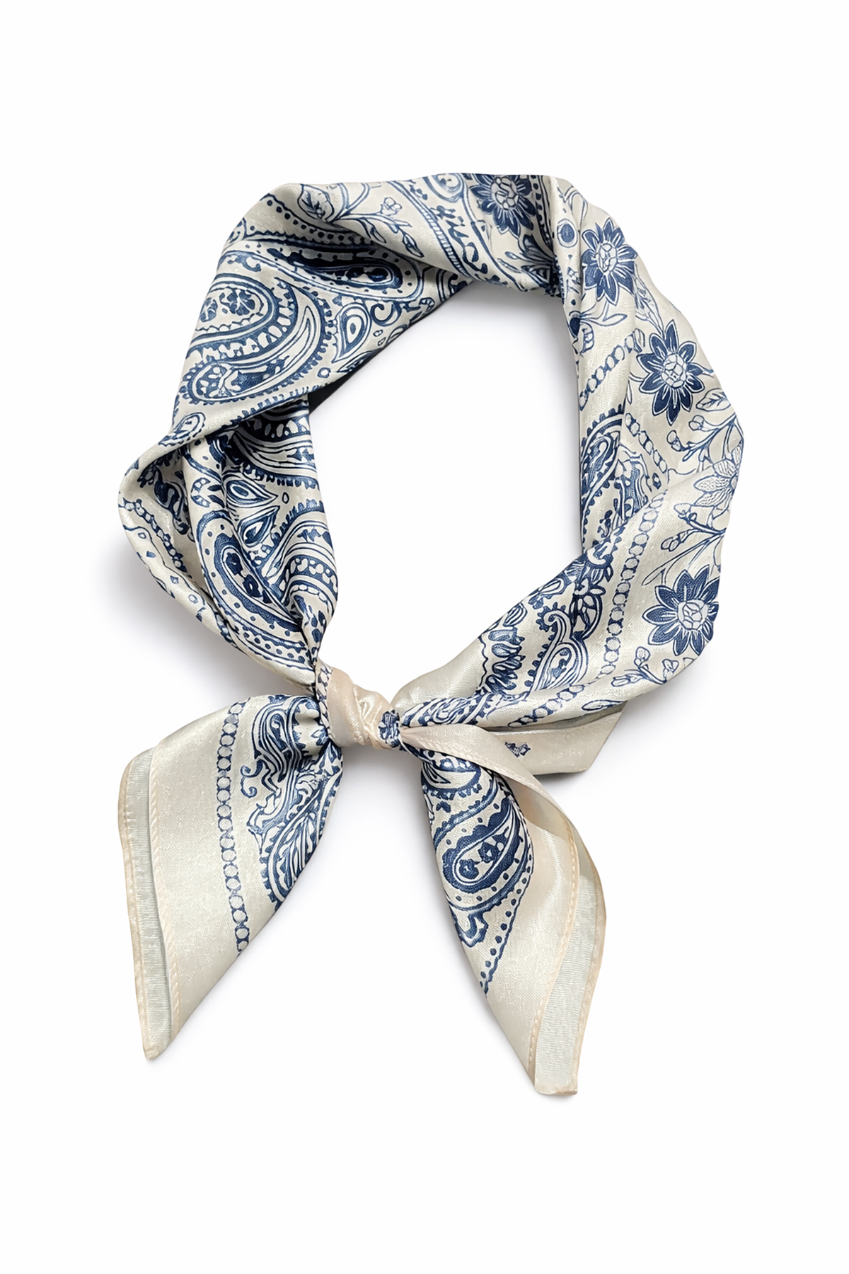 Blue and white patterned scarf tied into a knot on a white background