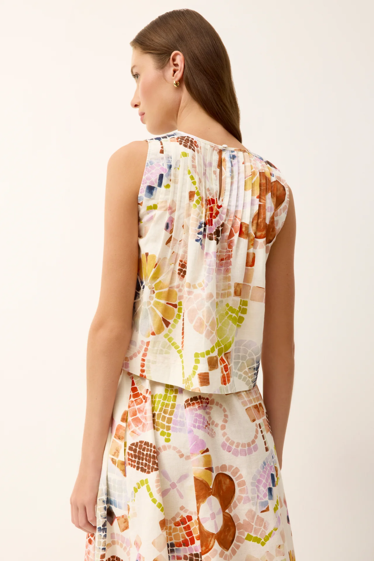 back of woman printed set on white background 