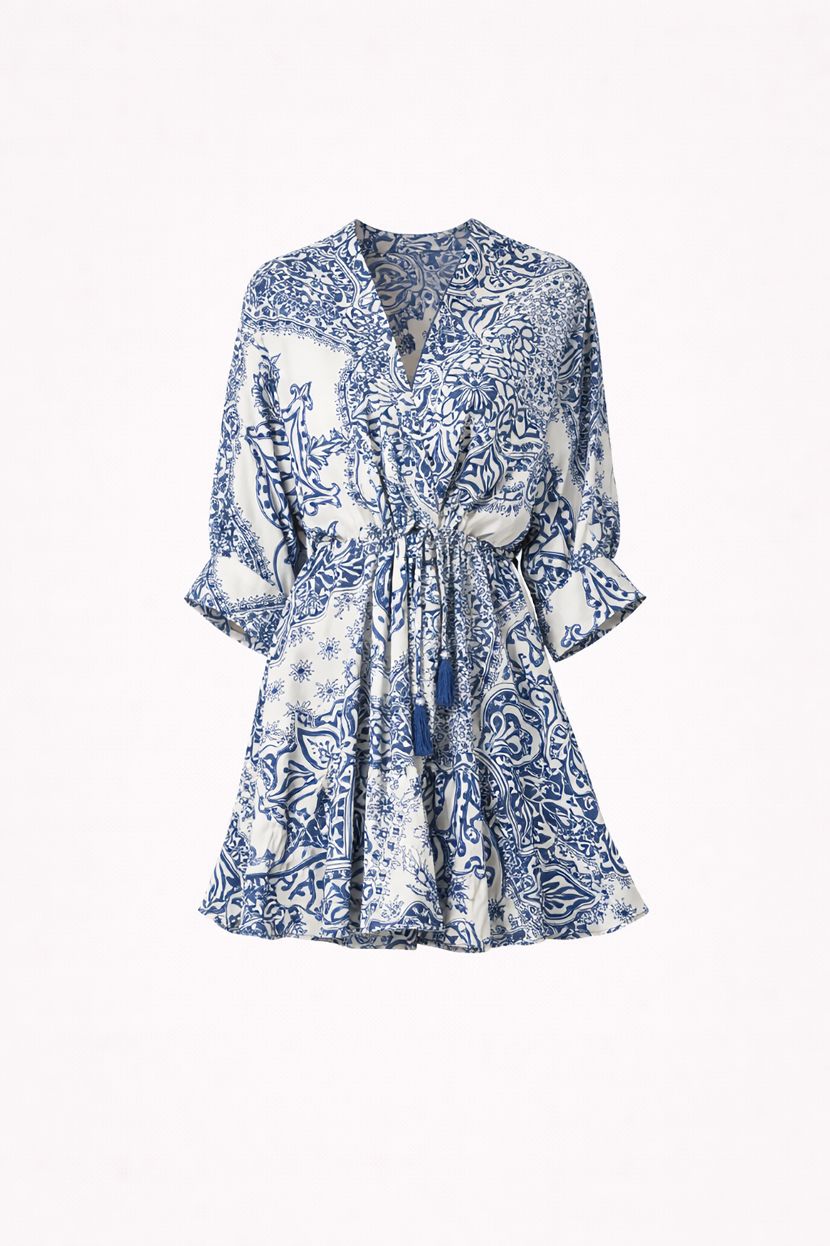 Blue and white patterned dress on a white background