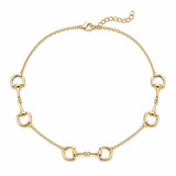 A gold horsebit chain necklace featuring five horsebit links spaced evenly along a delicate cable chain, with a lobster clasp and extender chain, shown on a plain white background.