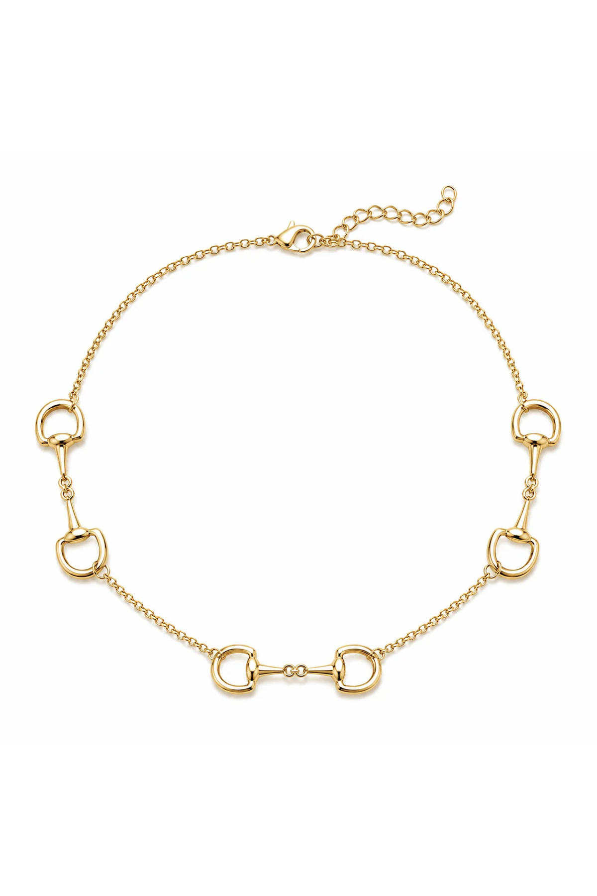 A gold horsebit chain necklace featuring five horsebit links spaced evenly along a delicate cable chain, with a lobster clasp and extender chain, shown on a plain white background.