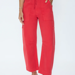 Person wearing red pants on a white background