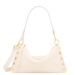 Cream-colored handbag with gold accents on a white background