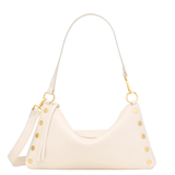 Cream-colored handbag with gold accents on a white background