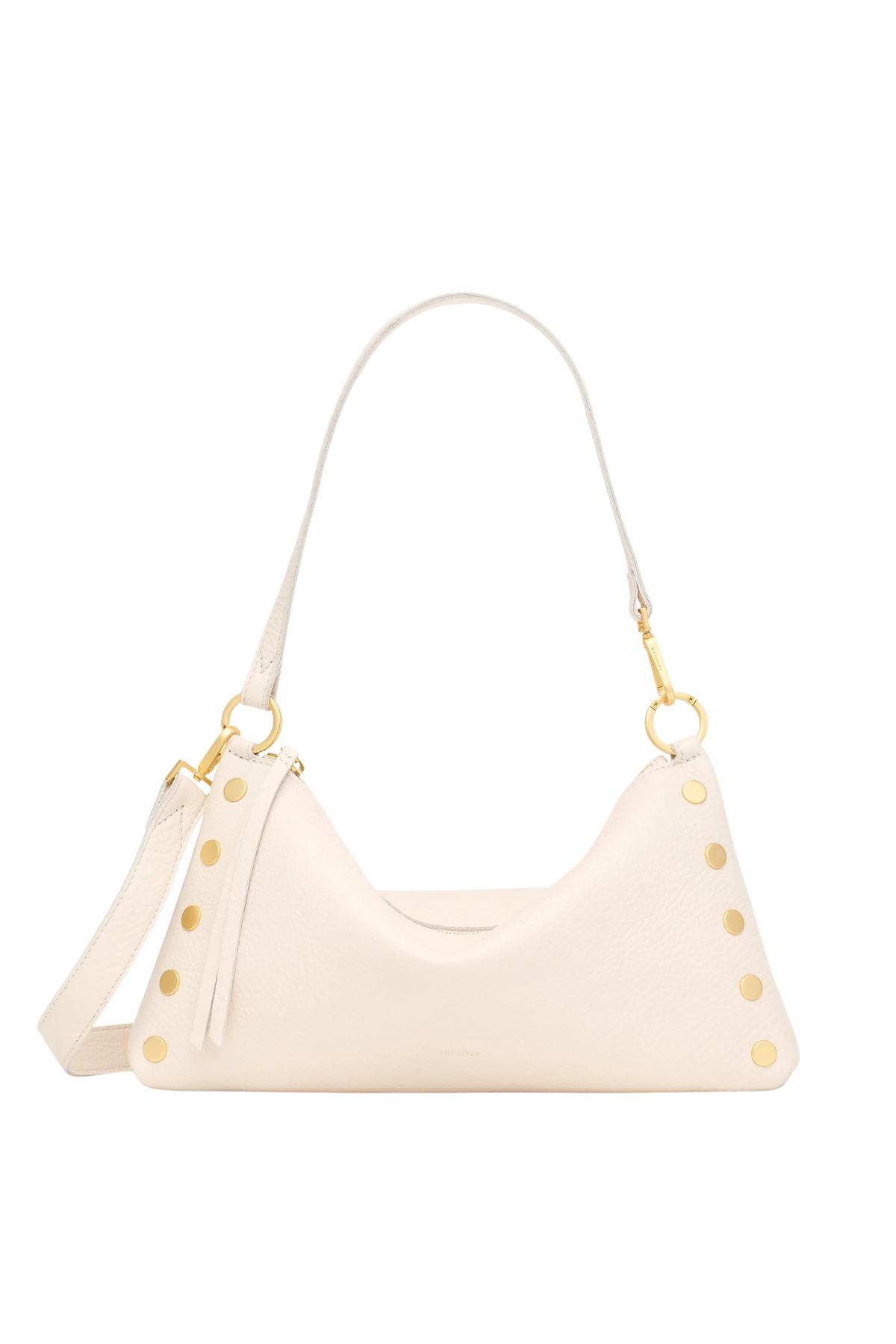Cream-colored handbag with gold accents on a white background