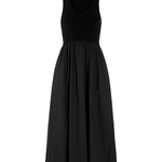 A sleeveless black midi dress with a scoop neckline, fitted bodice, and a gathered skirt, shown against a plain white background.