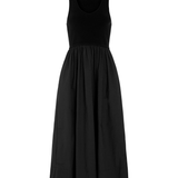 A sleeveless black midi dress with a scoop neckline, fitted bodice, and a gathered skirt, shown against a plain white background.