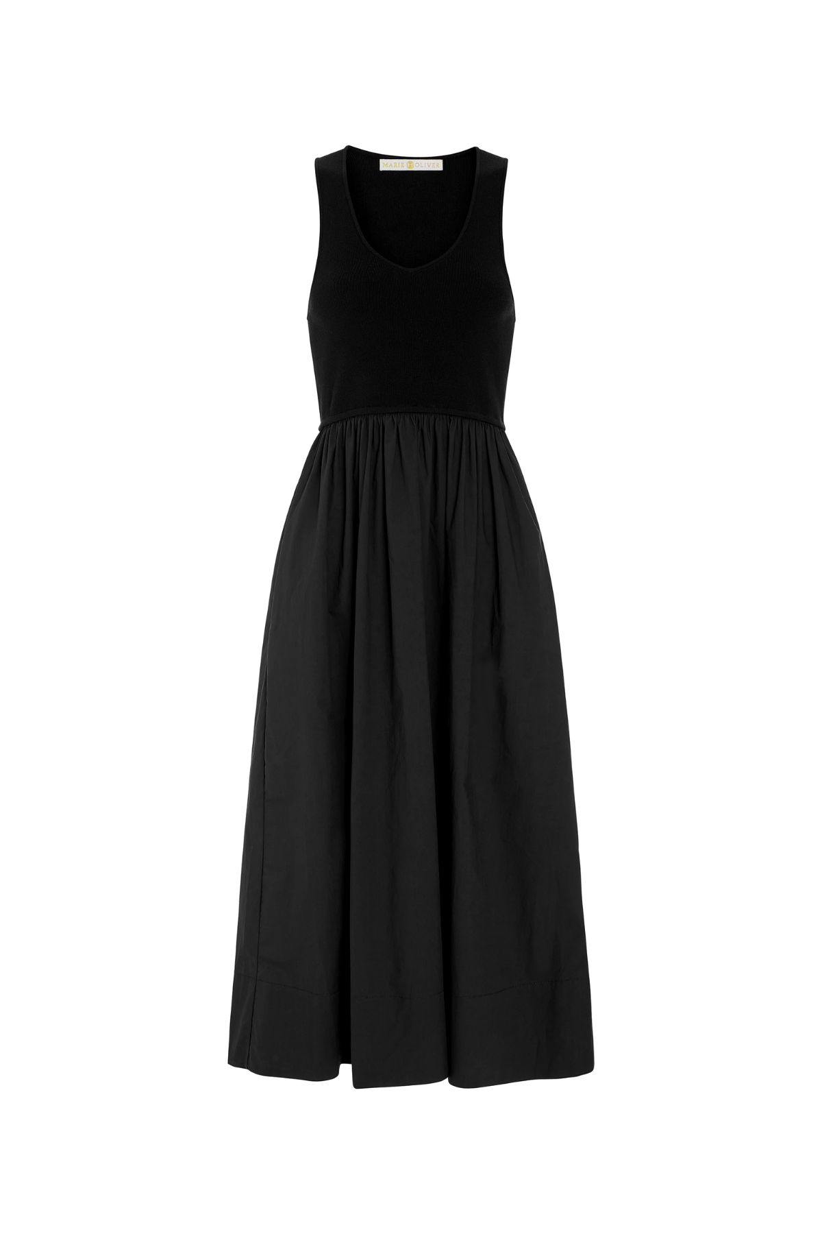 A sleeveless black midi dress with a scoop neckline, fitted bodice, and a gathered skirt, shown against a plain white background.