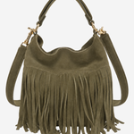 An olive green suede hobo handbag with a long fringe detail across the front, a top handle, and a detachable shoulder strap, shown against a plain light gray background.